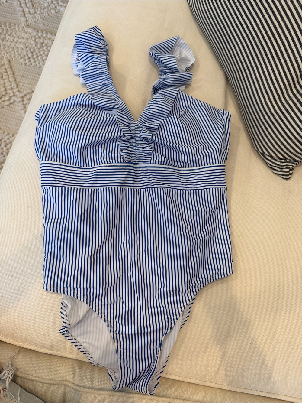 Blue & White Striped Ruffle One-Piece Swimsuit